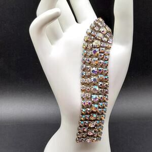 Vintage AB Rhinestone Bracelet 5 Row Silver Tone Mid Century Wedding